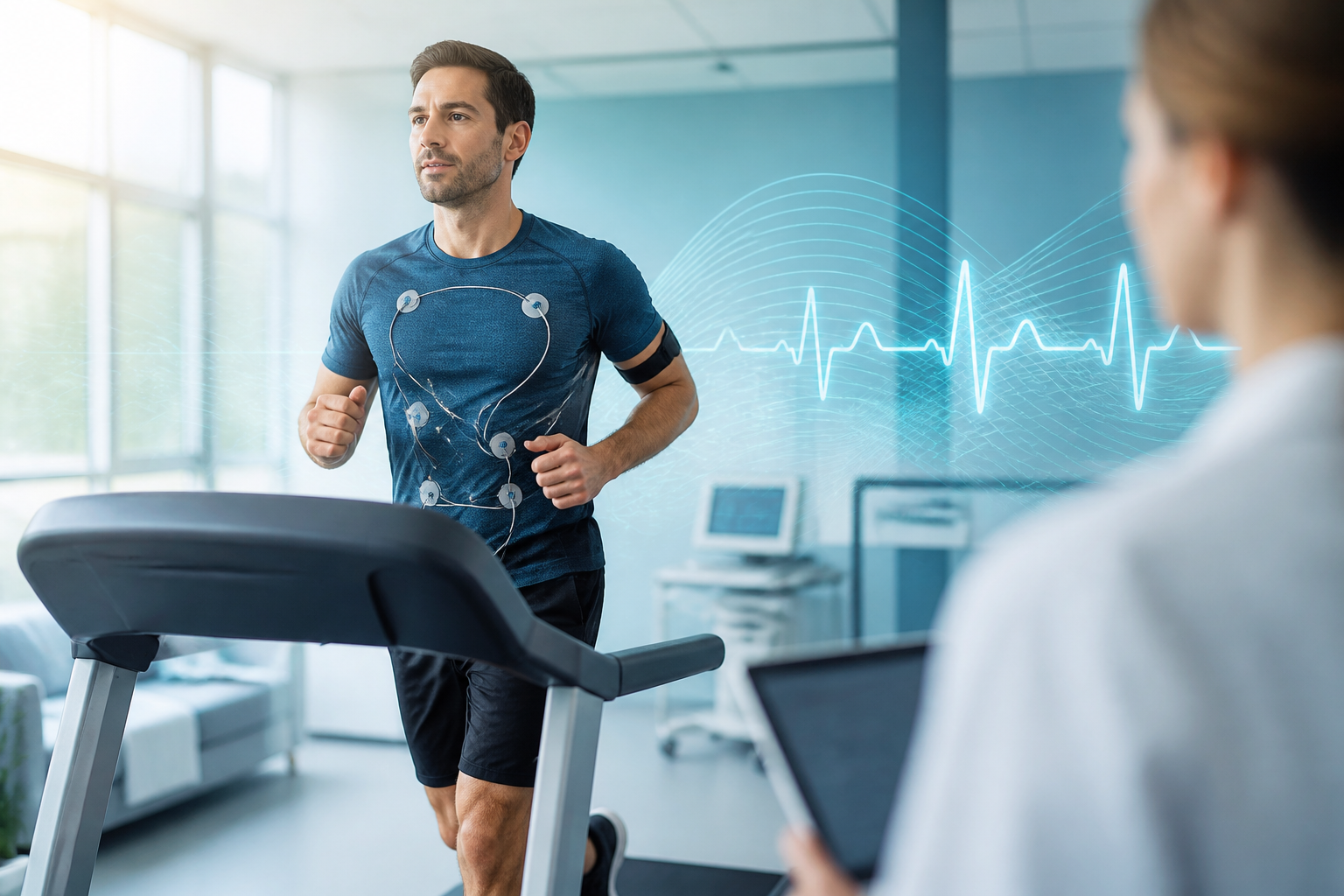 VO2 max ve kardiyorespiratuvar zindeliği temsil eden koşu bandı efor testi sahnesi