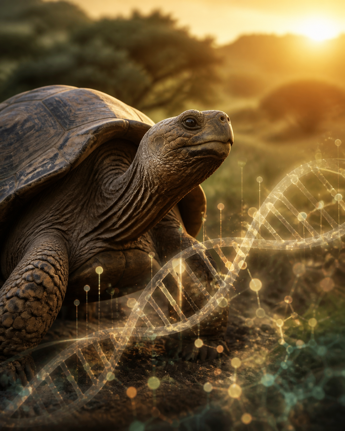 Uzun ömürlü bir kaplumbağa ve epigenetik araştırmayı simgeleyen soyut DNA görseli