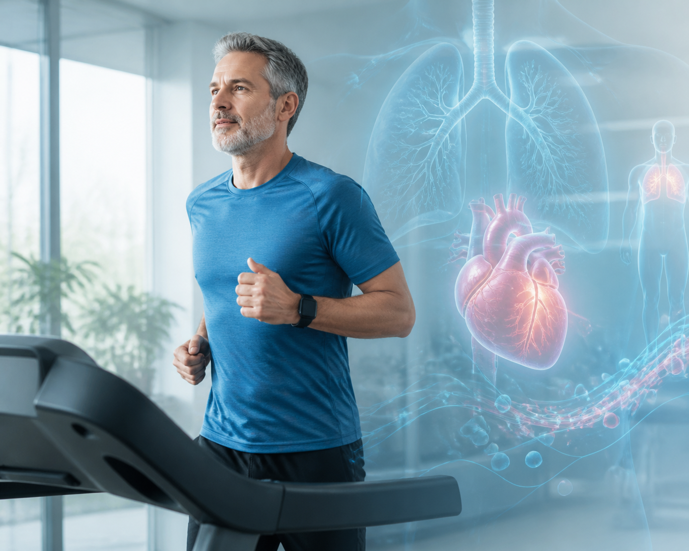 VO2 max ve kardiyorespiratuvar zindeliği temsil eden koşu bandında egzersiz yapan kişi